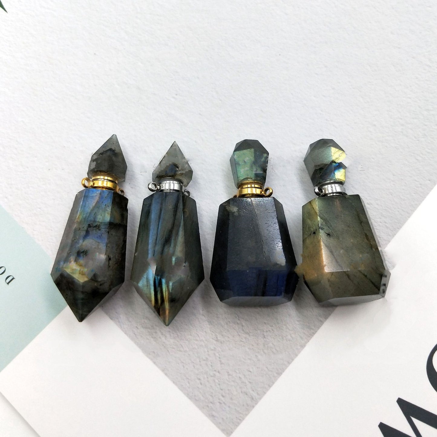 Accessories Natural Labradorite Two Pointed Geometric Perfume Aromatherapy Essential Oil Bottle Pendant Necklace