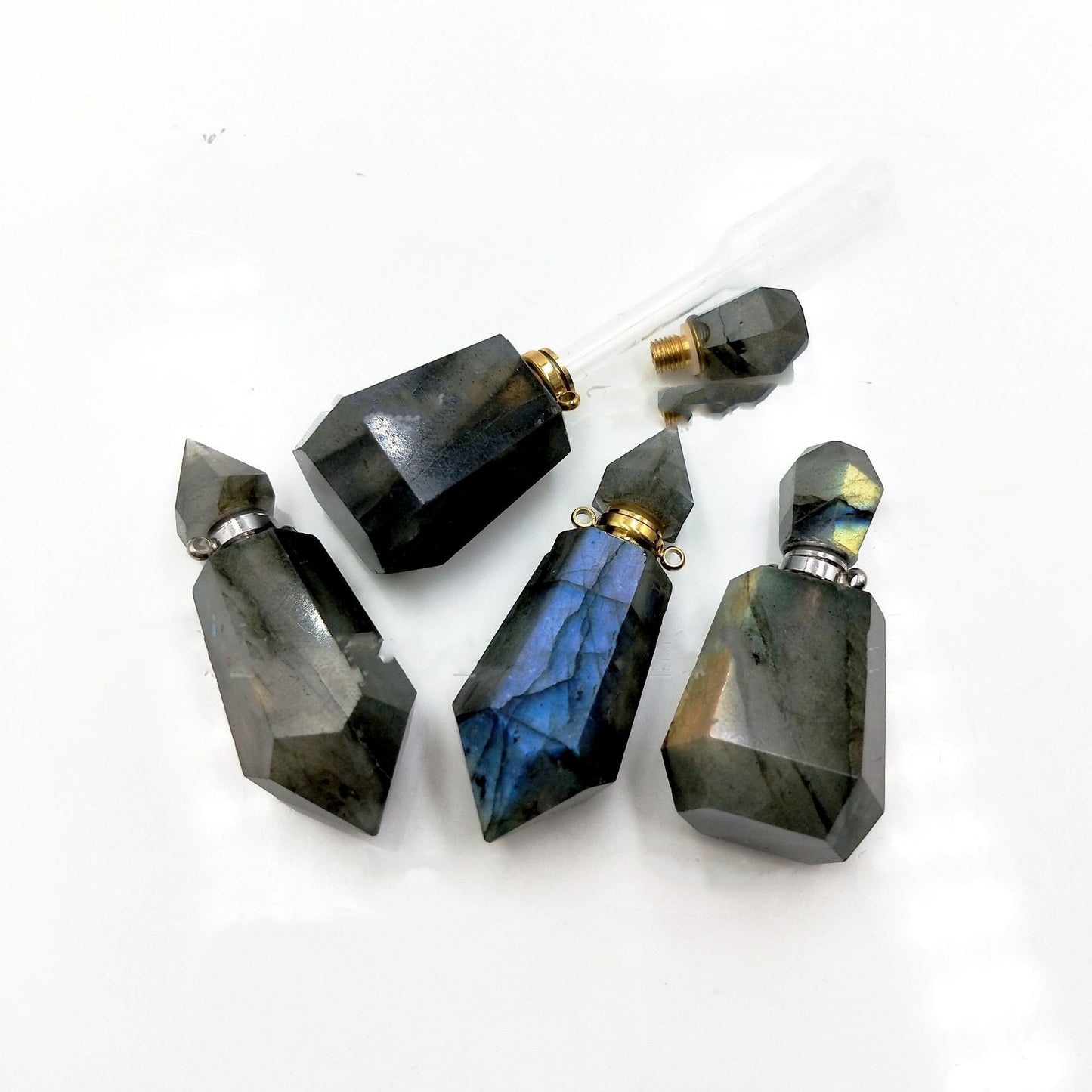 Accessories Natural Labradorite Two Pointed Geometric Perfume Aromatherapy Essential Oil Bottle Pendant Necklace