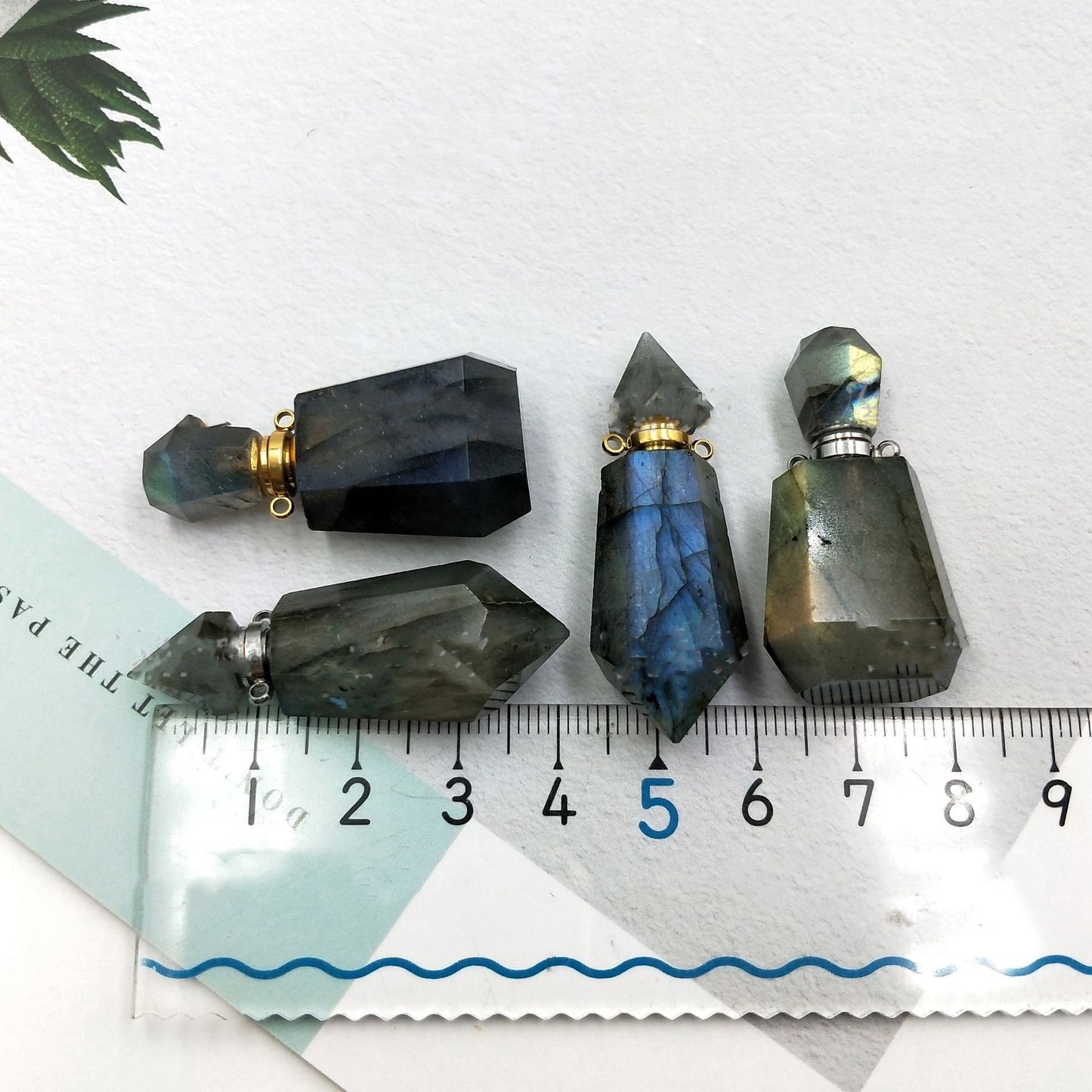 Accessories Natural Labradorite Two Pointed Geometric Perfume Aromatherapy Essential Oil Bottle Pendant Necklace